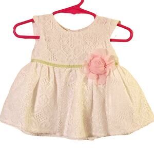 Pretty George White Lace Dress w/ Green Ribbon Trim & Pink Flower 0-3M